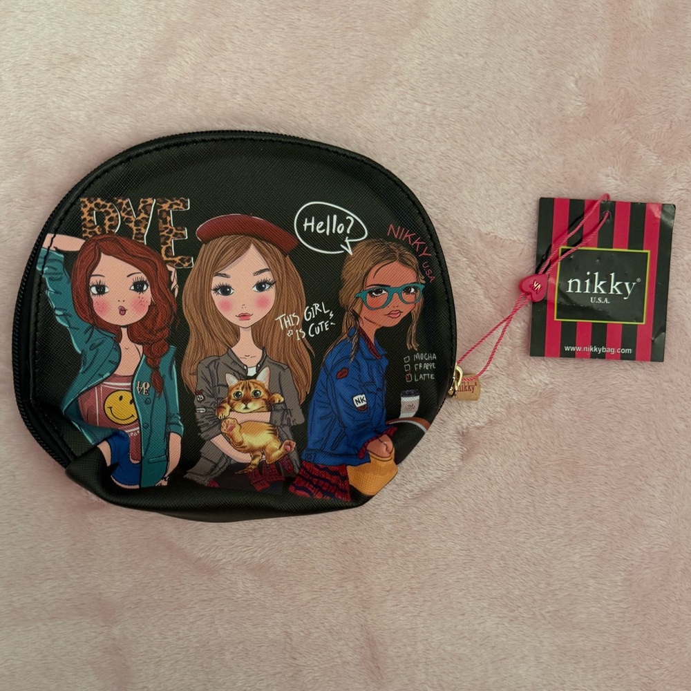 Black Cosmetic Bag with Illustrated Design